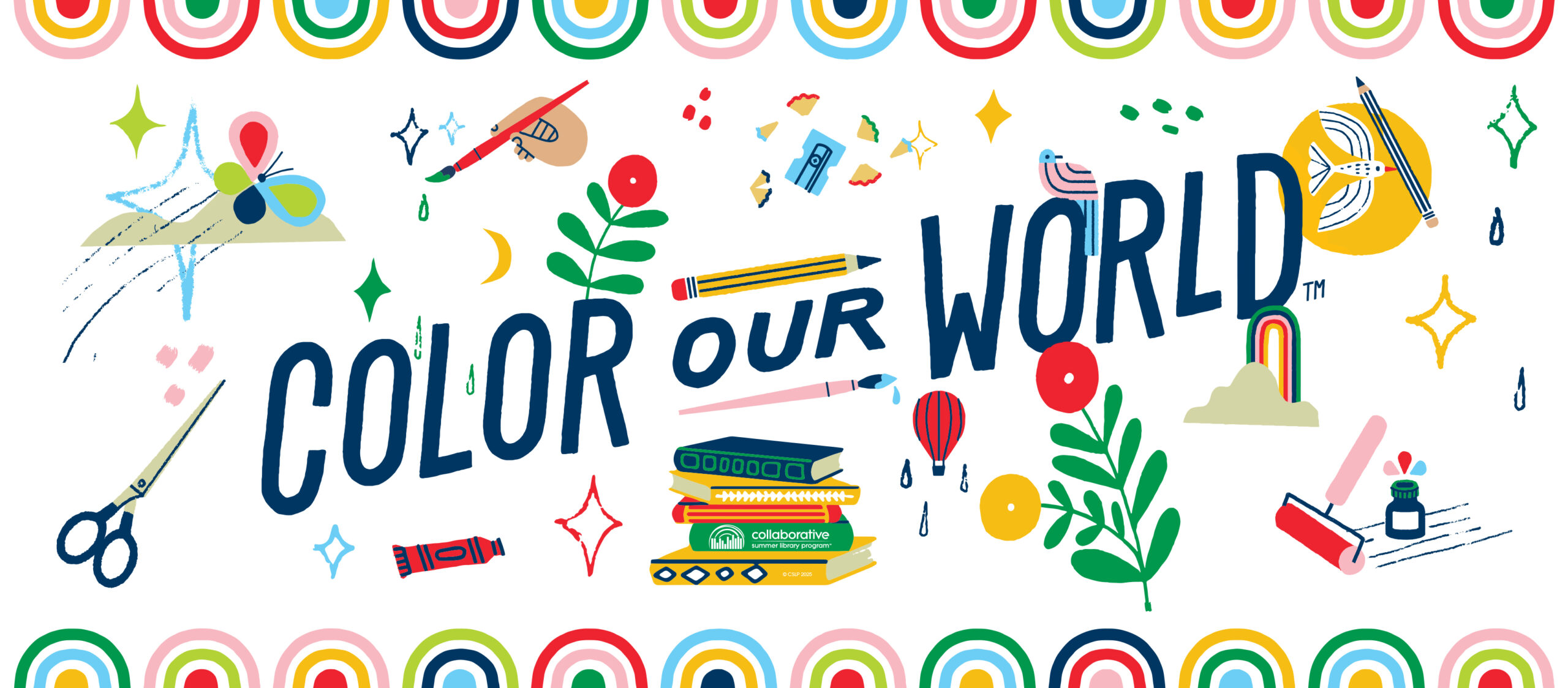 CSLP_013_24_FacebookBanner_2 A banner that reads Color Our World surrounded by rainbows, books, and art supplies