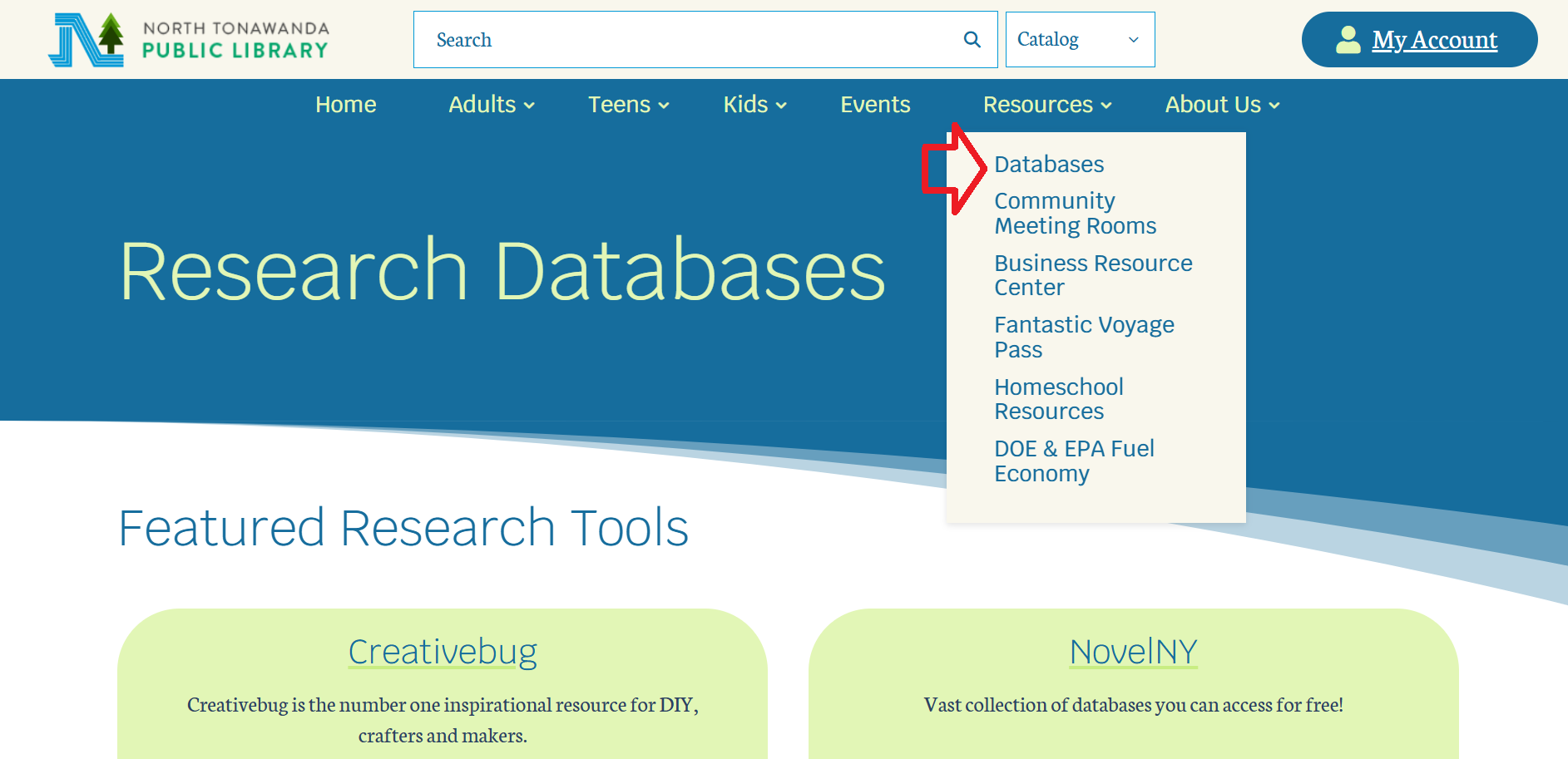 An image of the Database page with the top bar open, pointing at which link leads to the Database page.
