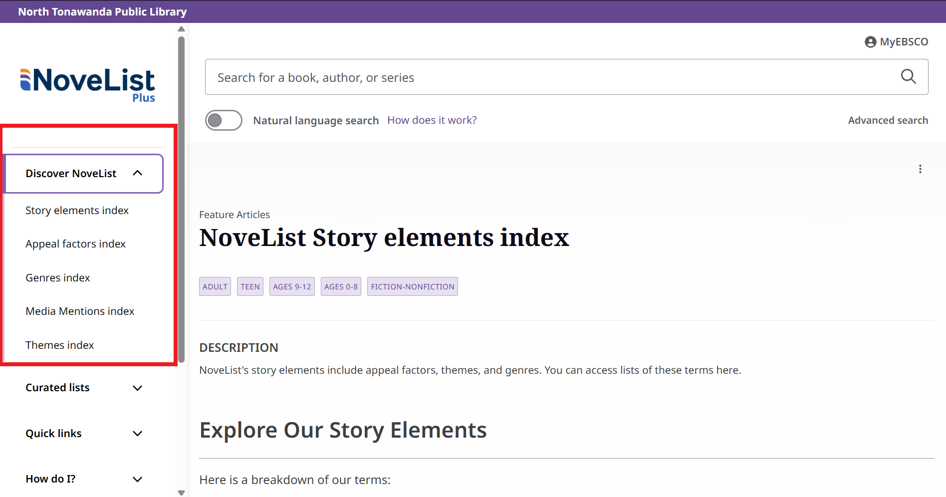 An image of the Novelist Story elements index, highlighting the indexes on the sidebar.