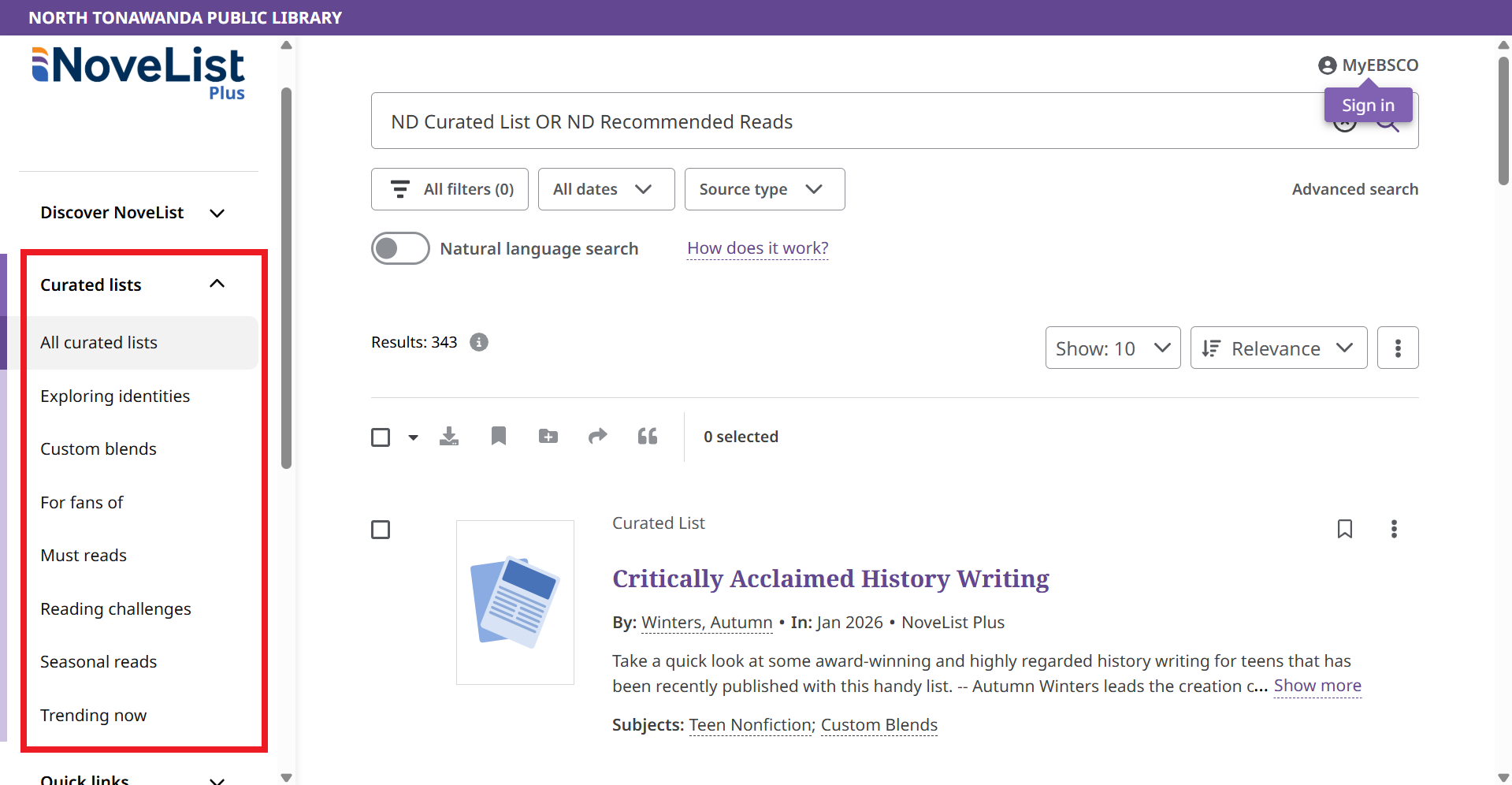 An image of the Novelist curated lists, highlighting the options on the sidebar.