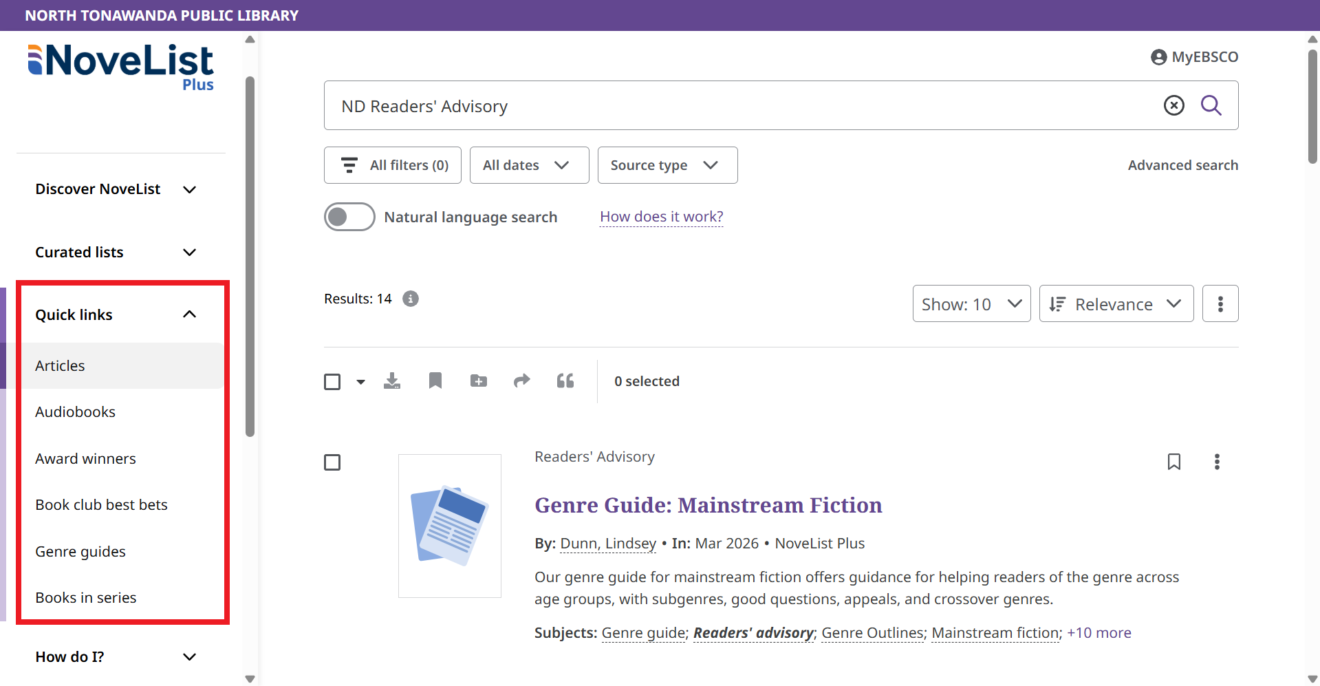 An image of the Novelist "Articles" page, highlighting the quick links on the sidebar.