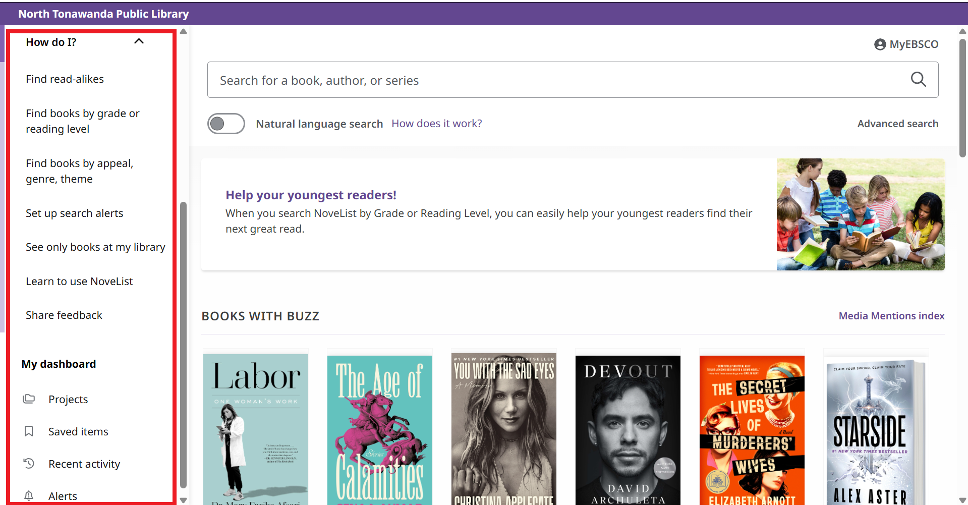 An image of the Novelist home page, highlighting the additional options on the sidebar.